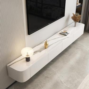 Imagem de Suporte de TV flutuante montado na parede armário de entretenimento com porta, console de mídia de madeira maciça para sala de estar moderna, design de canto redondo - solução elegante e econômica de