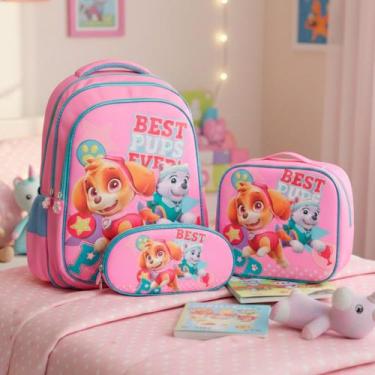 Imagem de Kit Mochila Escolar Infantil Menina Juvenil Espaçosa 3 Pçs - Plike