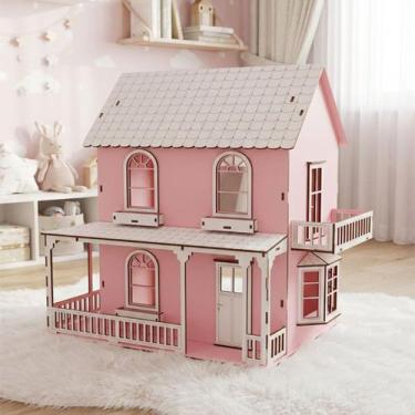 Imagem de Casinha Boneca Rosa Branco Miniatura MDF Barbie Polly 38cm - Genérico,