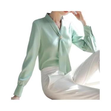 Imagem de Blusa Casual Feminina De Manga Longa Com Gola De Laço Para Primavera E