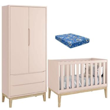 Imagem de Berço Americano Com Colchão E Guarda Roupa Classic 2 Portas Rosa Pés Madeira Natural - Reller