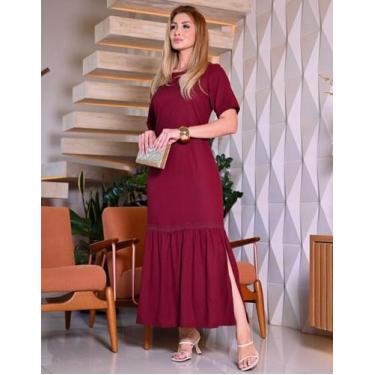 Imagem de Vestido Linho Manga Curta Feminino Com Renda - NoBrand, Vinho, GG