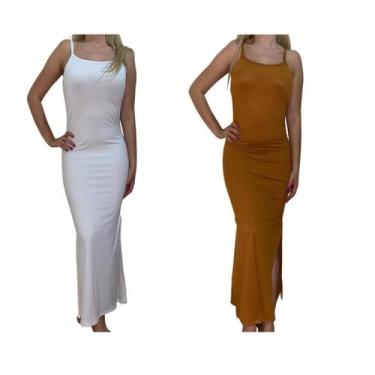 Imagem de KIT C/2 Vestidos Longo Canelado com Fenda - Emporio J, Branco, Caramel