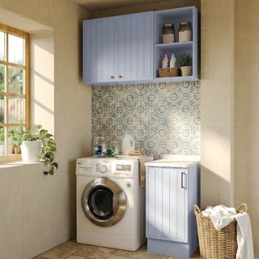 Imagem de Cozinha Modulada 3 Peças 1 Aéreo 1 Balcão com Tampo 1 Nicho 40cm Marselha Cabecasa Madeiraoriginals Azul Sereno