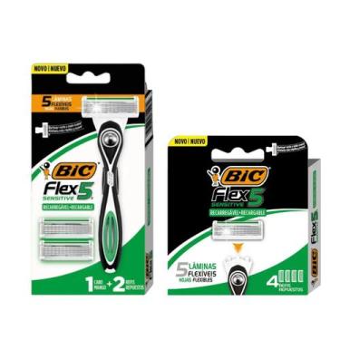 Imagem de Kit Aparelho de Barbear BIC Flex 5 Sensitive com 4 Refis Recarregável 