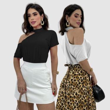 Imagem de Kit 2 Blusa Blusinha Choker Manga Curta Ombro Vazado Verão - SWISS BOU