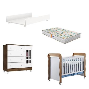 Imagem de Berço Americano Mirelle Cômoda 1 Porta Ariel Branco Acetinado Amadeirado e Trocador Juju Com Colchão Gazin – Carolina