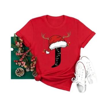 Imagem de Camiseta Feminina Vermelha De Natal Com Alfabeto, Estilo Casual, Manga