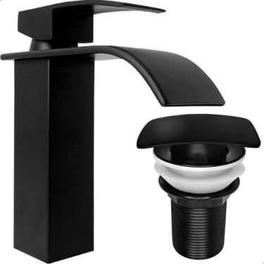 Imagem de Torneira Preta Pia Banheiro Bica Baixa Cascata E Valvula Click Tampa Q