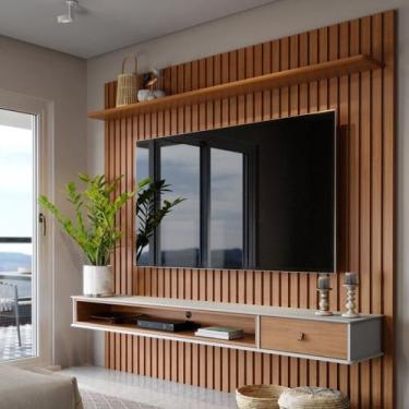 Imagem de Painel Ripado para TV até 65 Polegadas MDF 160,9cmx220cm Prateleira Ni