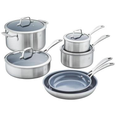 Imagem de Conjunto de Panelas e Frigideiras Antiaderente em 3 Camadas de Aço Inoxidável, 10 Peças...