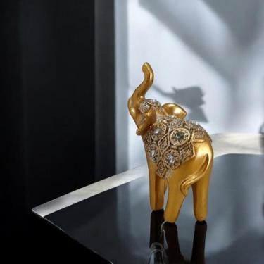 Imagem de Elefante Decorativo em Resina Indiano Sabedoria Sorte Dourado Bronze c