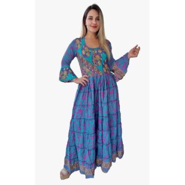 Imagem de Vestido Longo Indiano Estampado Manga 3/4 Toque De Seda-cod.008 - Aléc