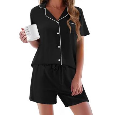 Imagem de Pijama Ekouaer Macio Conjunto 2 Peças Manga Curta Preto G