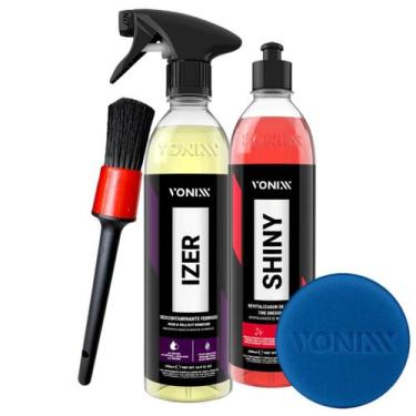 Imagem de Kit Izer Descontaminante Ferroso + Shiny Pneu Pretinho + Pincel +Aplic