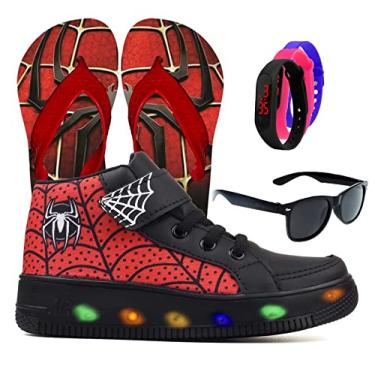 Imagem de Botinha De Led Led Masculino Aranha Meninos Estilo Calce Facil + Chinelo e Brindes Cor:Preto; Tamanho:28