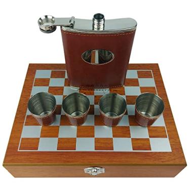 Imagem de Kit Cantil em Couro e Metal com Copos e Estojo de Madeira Com Acessórios de Xadrez