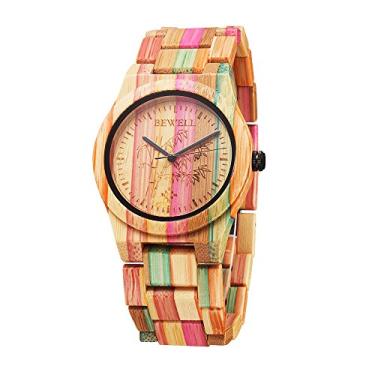 Imagem de Relógio de pulso Bewell feito à mão colorido de madeira de bambu analógico de quartzo com cores mistas, Esporte, Laranja