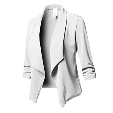 Imagem de Dawwoti Paletós de Terno Feminino Blazers Manga Franzida 3/4 Casual Trabalho Blazer Frente Aberta Jaqueta Terno, Branco, P