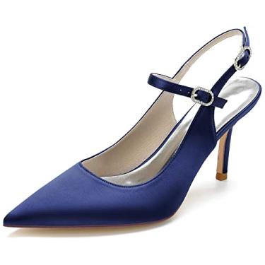 Imagem de Bombas Slingback femininas 8,5 cm salto alto de casamento bico fino sapatos de quadra festa trabalho vestido de formatura, Azul-escuro, 9