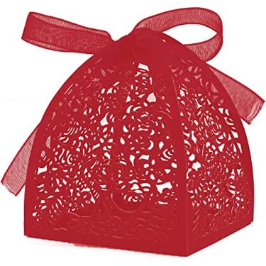 Imagem de 50 caixas de lembrancinhas de beleza corte a laser faça você mesmo caixas de presente de aniversário de casamento com fitas (vermelha)