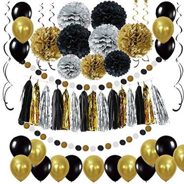 Imagem de Decorações de festa preto e dourado – Pompons de papel faça-você-mesmo flores, borlas, balões, espirais pendurados, guirlanda circular de papel para decoração de festa de formatura e aposentadoria