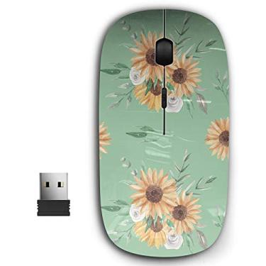 Imagem de Mouse sem fio USB ergonômico portátil 2,4 G para PC, laptop, computador, notebook com nano receptor (folhas verdes girassol)