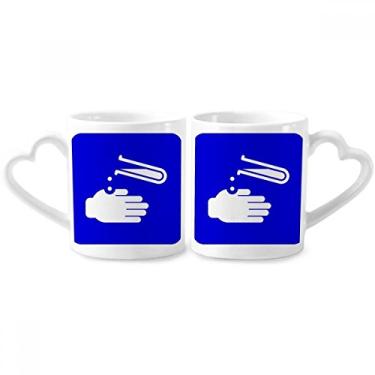 Imagem de Conjunto de canecas de porcelana para casal, marca de advertência quadrada, azul corrosão, coração