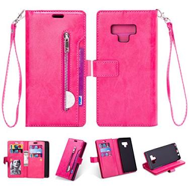 Imagem de Capa para Samsung Galaxy Note 9, carteira de couro PU Folio Flip Case com zíper bolso slots para cartão fecho magnético capa protetora à prova de choque com alça de pulso para Samsung Galaxy Note 9 (rosa vermelha)