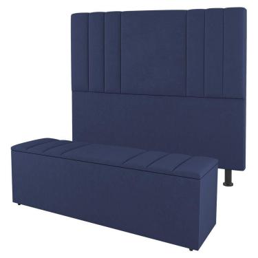 Imagem de Cabeceira E Baú Cama Box King Size Grace 195cm Suede Azul