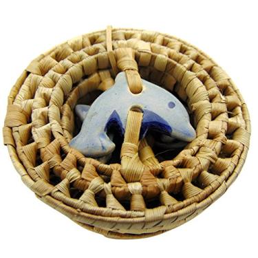 Imagem de Conjunto de porta-copos de golfinhos feito à mão vime e tapetes de cerâmica com suporte