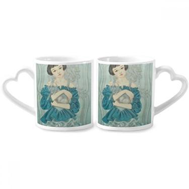 Imagem de Conjunto de canecas de porcelana para casal com pintura chinesa azul vestido de beleza com alça de coração