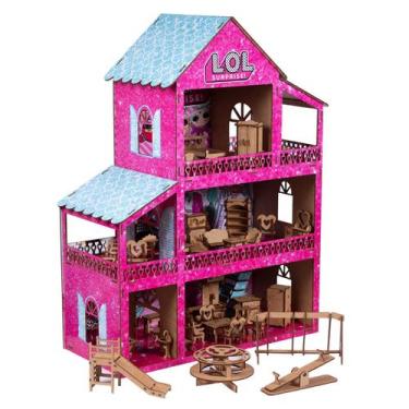 Casinha De Boneca Polly Mdf Pintada Casa C/ Kit 37 Móveis