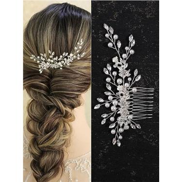 Imagem de Pentes de cabelo de noiva flor cristal pérola noiva casamento acessórios de cabelo strass peças de cabelo para noiva dama de honra casamento mulheres e meninas (S8697 prata)