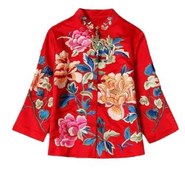 Imagem de BoShiNuo Jaqueta feminina étnica bordada chinesa, casaco de algodão solto, terno tang, outono, Vermelho, G