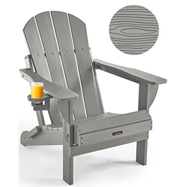 Imagem de Ciokea Cadeira dobrável Adirondack com textura de madeira, cadeira de pátio resistente ao clima, cadeira de fogueira de plástico com suporte de copo, para gramado, varanda, jardim, quintal, deck