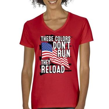 Imagem de Camiseta feminina gola V These Colors Don't Run They Reload 2nd Amendment 2A Don't Tread on Me Second Right Camiseta com bandeira americana, Vermelho, GG