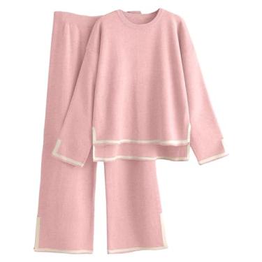 Imagem de Tankaneo Conjunto feminino de 2 peças de suéter de manga comprida pulôver de manga comprida calça larga, rosa, X-Large