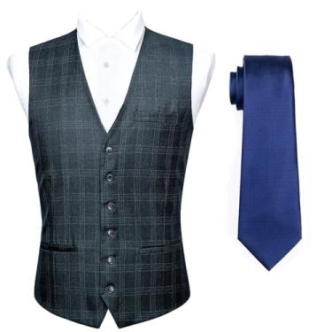 Imagem de Colete masculino xadrez misto gola V sob medida 3 bolsos xadrez conjunto de gravata formal lazer masculino casual colete, Md-2317, G