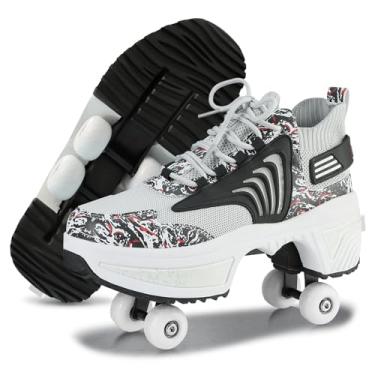 Imagem de Sapatos de patins para mulheres, crianças, tênis de patins para meninos e meninas, tênis com rodas retráteis, patins respiráveis, aniversário, crianças (preto, 7,5)