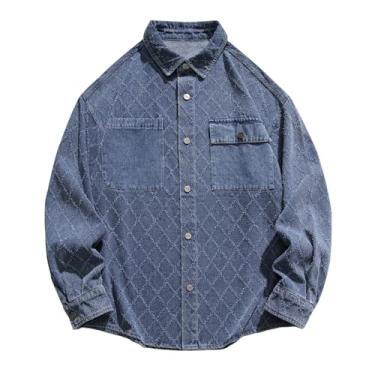 Imagem de Camisa jeans masculina, manga comprida, estampa xadrez, cor sólida, gola aberta, bolsos frontais, Azul, G