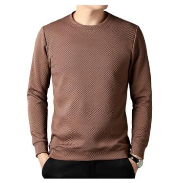 Imagem de Camisa masculina de malha de cor sólida, gola redonda, suéter fino com borda canelada pulôver inferior, Café, 3G
