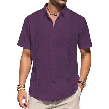 Imagem de Camisas masculinas de linho manga curta com botões casual leve camisa lisa elegante cubana Guayabera Beach Tops, Roxo escuro, 4G