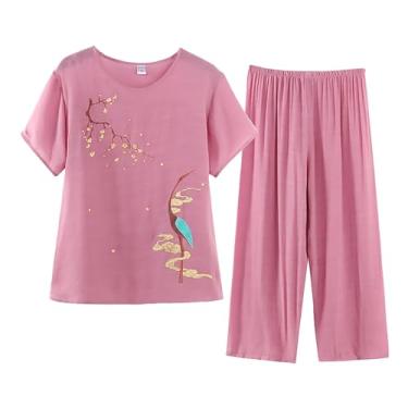 Imagem de Conjuntos femininos de linho de verão de 2 peças, camisetas de manga curta com calça de perna larga, roupas de férias plus size para idosos, rosa, 4X-Large