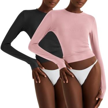 Imagem de KTILG Camisetas femininas modernas/treino/lounge, básicas, elásticas, justas, justas, PP-3GG, B_Pacote com 2_preto e cinza rosa-manga longa, G