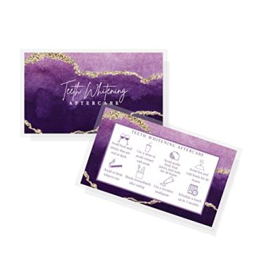 Imagem de Cartões de cuidados pós-clareamento dentário | Pacote com 50 | Cartão de visita tamanho 5 x 9 cm | Suprimentos de clareamento dental | Design roxo e dourado