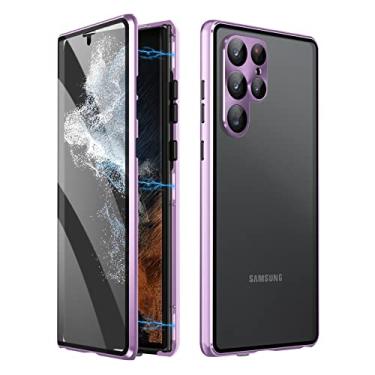 Imagem de WEIHUAD Capa magnética para Samsung Galaxy S23/S23 Plus/S23 Plus/S23 ultra dupla face de vidro temperado transparente com protetor de câmera à prova de choque de alumínio com trava de segurança (roxo,