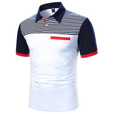 Imagem de BEIBEIA Camisetas polo de patchwork masculinas plus size, gola virada para baixo de verão 2022 estilo comercial solta casual, Branco, 3G