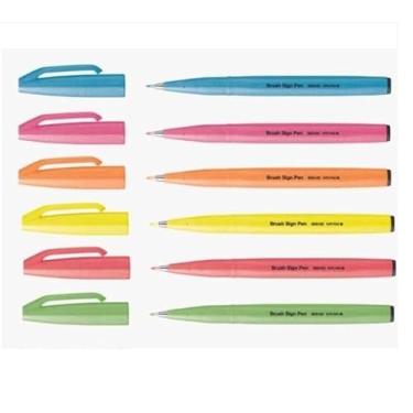 Imagem de Kit Caneta Pincel Pentel Brush Sign Pen 6 Cores Fluorescente