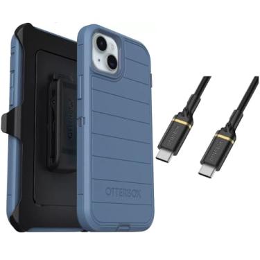Imagem de OtterBox Pacote para iPhone 15 Plus (apenas): Capa Defender Series - Jeans Azul Bebê (Azul) - Clipe de Coldre Incluído - Proteção de Defesa Microbiana - Cabo USB-C para USB-C - Embalagem sem Varejo